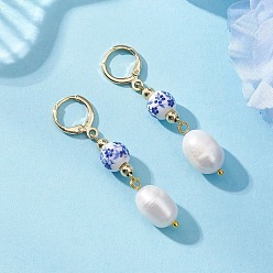 Золотой Латунные овальные серьги с застежкой-русалкой, с фарфоровыми бусинами и бусинами из культивированного пресноводного жемчуга, золотые, 51x9.5 мм