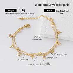 Dragonfly 304 Stainless Steel Pave Clear Cubic Zirconia Tassel 2-Strand Bracelets for Women, Golden, Dragonfly, 6.69 inch(17cm)