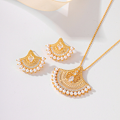 Золотой Комплекты из латунных подвесок-вееров и серег-гвоздиков с микропаве из прозрачных кубических цирконий для женщин, золотые, ожерелья: 15.75 дюйм (40 см)