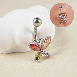 Прозрачный 304 кольца из нержавеющей стали живота, с микро проложить кубического циркония, бабочка, цвет нержавеющей стали, красочный, штифты : 10x1.6 мм
