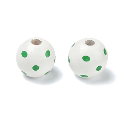 White Wood European Beads, Round with Polka Dot Pattern, Large Hole Beads, White, 16x15mm, Hole: 4mm