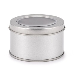 Platinum Iron Tins Cans, Storage Box Containers, with Lid and Clear Window, Round, Platinum, 6.9x4cm