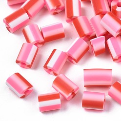 Deep Pink Handmade Polymer Clay Beads,  3 Tone, Column, Deep Pink, 5x2.5~6.5mm, Hole: 1.8mm