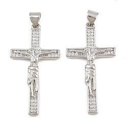 Platinum Easter Brass Micro Pave Clear Cubic Zirconia Pendants, Crucifix Charms, Cadmium Free & Lead Free, Platinum, 35x18x3mm, Hole: 5x3mm