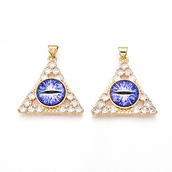 Средний Синий Шифер Латунные подвески с микропаве из прозрачных кубических цирконий для женщин, треугольник с глазом, cmолой, реальный 18 k позолоченный, средний грифельно-синий, 26.5~27x27.5x7 мм, отверстие : 3.5x5 мм