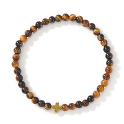 Тигровый глаз Богемный натуральный тигровый глаз круглые бусины эластичные браслеты, крестовые немагнитные гематитовые бусины растягивающиеся браслеты, внутренний диаметр: 6-7/8 дюйм (17.5 см)