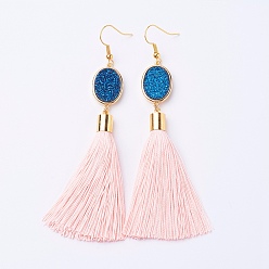PeachPuff Ice Silk Thread Tassel Dangle Earrings, with Electroplated Natural Druzy Quartz Crystal and Brass Earring Hooks, Golden, PeachPuff, 98mm, Pin: 0.6mmg, Pendant: 80x14x7mm