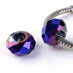 С Фиолетовым Покрытием Гальванизируйте стекла Европейский бисером, бусины с большим отверстием, граненые, шайба, с фиолетовым покрытием, 14~14.5x7.5~8.5 мм, отверстие : 5.5~6 мм