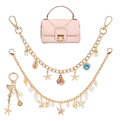 Golden 2Pcs 2 Styles Ocean Imitation Pearl & Acrylic & Alloy Shell Shape Starfish Charm Bag Decorative Chains, with 1Pc Alloy Pendant Decorations, for Bag Ornaments, Golden, 118.5~325mm, 1pc/style