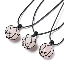 Розовый Кварц Круглое колье с подвеской из натурального розового кварца, регулируемое колье в мешочке из восковой веревки в стиле макраме, 29.69~30.24 дюйм (75.4~76.8 см)