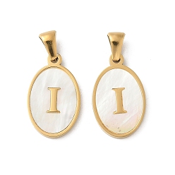 Letter I Натуральный ракушечный овал с инициалами, с 304 установками из нержавеющей стали, ионное покрытие (ip), реальный 18 k позолоченный, белые, Буква "i", 21x13x2 мм, отверстие : 3.5x5 мм