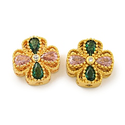 Настоящее золото 18K Латунные шарики циркония кубической, долговечный, без свинца и без кадмия, цветок, реальный 18 k позолоченный, 13.5x13.5x5.5 мм, отверстие : 1.6 мм