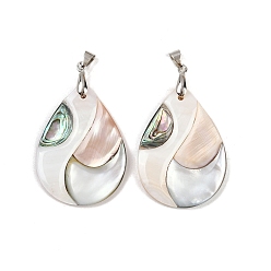 Teardrop Подвески из натуральной ракушки-абалона, черной ракушки-губоноски и розовой ракушки, с защелкой из нержавеющей стали на поручнях, цвет нержавеющей стали, слеза, 43x31x4 мм, отверстие : 6x4 мм