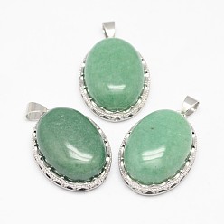 Зеленый Авантюрин Естественный зеленый авантюрин подвески, с латунной фурнитурой , овальные, платина, 30x21x10~11 мм, отверстие : 6x4 мм
