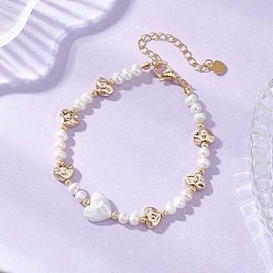 Золотой Браслеты из натурального культивированного пресноводного жемчуга и латунных бусин для женщин, сердце, золотые, 7.28 дюйм (18.5 см)