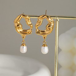 Настоящее золото 18K Серьги-гвоздики из нержавеющей стали с пресноводным жемчугом в форме слезы, реальный 18 k позолоченный, 39.2 мм