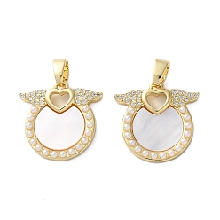 Настоящее золото 18K Латунные микро проложить кубического циркония подвески, с ракушкой и жемчужиной из АБС-пластика, плоские круглые с подвесками в виде крыльев, стойки покрытие, прочное покрытие, без кадмия и без свинца, реальный 18 k позолоченный, 19.5x20x3 мм, отверстие : 4.5x3.5 мм