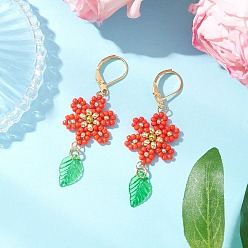 Красный 304 серьги-гвоздики с застежкой-молнией в форме цветка и листа из нержавеющей стали, со стеклянными бусинами, нейлоновой проволокой и акриловыми подвесками, золотые, красные, 56x18 мм