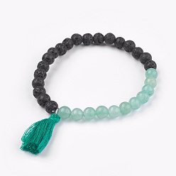 Green Aventurine Natural Green Aventurine Stretch Bracelets, with Lava Rock and Cotton Thread Tassel, 2-1/8 inch(5.5cm)