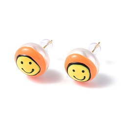 Dark Orange Natural Shell Smiling Face Stud Earrings with Enamel, Real 18K Gold Plated Brass Jewelry for Women, Dark Orange, 15mm, Pin: 0.8mm