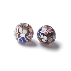 Коричневый Бусины лэмпворк , круглый с цветочным узором, кофе, 12~13.5 мм, отверстие : 1.4~2.5 мм