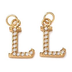 Letter L 304 Stainless Steel with Crystal Rhinestone Charms, Letter Charms, Polished, Ion Plating(IP), Golden, Letter L, 13x8x2mm, Hole: 2.5mm