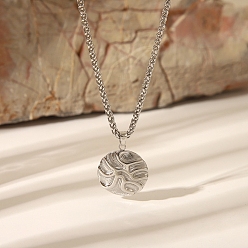 Плоский Круглый 304 текстурированные подвески из нержавеющей стали для женщин, серебряный цвет гальваническим, плоско-круглые, 21.65 дюйм (55 см)