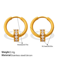 Ring 304 Stainless Steel & Clear Cubic Zirconia Hoop Earrings, Golden, Ring, 19.6mm
