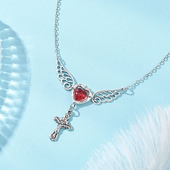 Античный Серебристый & Платиновый Латунное колье с подвеской в виде красного крылатого сердца и креста на цепочке для женщин., старинное серебро и платина, 16.61 дюйм (42.2 см)