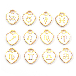Blanco Colgantes de esmalte de aleación chapados en oro ligero., doce constelaciones, corazón, blanco, 14x12x1.8 mm, agujero: 4 mm, sobre 12 PC / sistema
