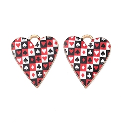 Light Gold Alloy Pendants, Poker/Playing Cards Heart Charms, Red, Light Gold, 27x23x2mm, Hole: 4mm