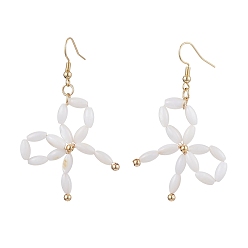 White Dyed Natural Shell Beaded Bowknot Dangle Earrings, Brass Jewelry for Women, Real 18K Gold Plated, White, 61x37mm