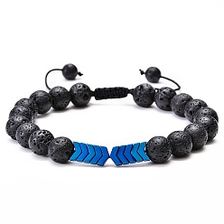 Blue Natural Lava Rock & Synthetic Hematite Arrow Braided Bead Bracelet, Essential Oil Gemstone Jewelry for Women, Blue, 7~11-3/4 inch(17.78~29.972cm)