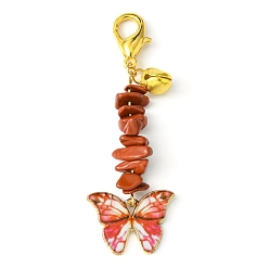 Red Jasper Alloy Enamel Butterfly Pendant Decoration, Natural Red Jasper Chips and Lobster Claw Clasps Charms, 64mm