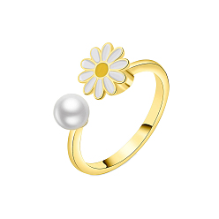 White Daisy Rotatable Cuff Ring for Calming Worry Meditation, Brass Enamel Fidget Spinner Open Ring, Golden, White, 9mm, Inner Diameter: 18mm