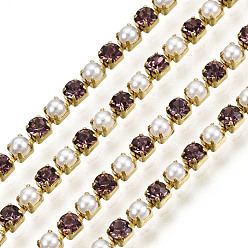 Light Amethyst Brass Rhinestone Strass Chains, with ABS Plastic Imitation Pearl, Rhinestone Cup Chain, Grade A, Raw(Unplated), Light Amethyst, 2x2mm, 4000pcs rhinestone/bundle, about 32.8 Feet(10m)/bundle