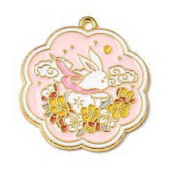 Golden Alloy Enamel Pendants, Rabbit with Flower Charms, Golden, 27x25x1.5mm, Hole: 1.6mm