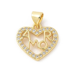 Настоящее золото 18K Латунные микро проложить кубического циркония подвески, сердце прелести, стойки покрытие, без кадмия и без свинца, долговечный, реальный 18 k позолоченный, 15x16x2 мм, отверстие : 3.5 мм