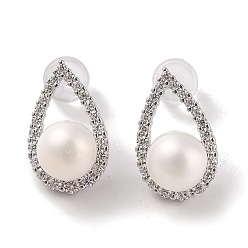 Teardrop Серьги-гвоздики из стерлингового серебра с защитой от потускнения, с натуральным жемчугом и фианитом, украшения для женщин, слеза, 15.5x9.5 мм