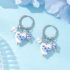 Нержавеющая Сталь Цвет Сердце 304 нержавеющей стали серьги обруча, с фарфоровыми бусинами и бусинами из культивированного пресноводного жемчуга, цвет нержавеющей стали, 44 мм