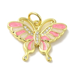 Pink Подвески из латуни, эмали, микропаве и циркония, без кадмия, без никеля и без свинца, золотые бабочки прелести, с целью перехода в кольце, розовые, 18x23.5x2.5 мм, отверстие : 4.2 мм