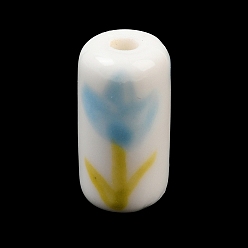 Sky Blue Handmade Porcelain Beads, Hand Painted, Famille Rose Porcelain, Column with Tulip, Sky Blue, 17x9x9mm, Hole: 2.5mm