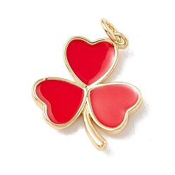 Красный Латунь эмаль подвески, с прыжковых колец, реальный 18 k позолоченный, без кадмия и без свинца, долговечный, клевер, красные, 18x14x3 мм, отверстие : 3 мм