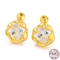 Real 18K Gold Plated Flower 925 Sterling Silver with Clear Cubic Zirconia Stud Earring Findings, Earring Settings for Half Drilled Beads, with S925 Stamp, Real 18K Gold Plated, 13x10mm, Pin: 11x0.7mm and 0.7mm