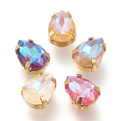 (52) Непрозрачная лаванда Шить на горный хрусталь, флуоресцентный стиль мокко, стекло горный хрусталь, с позолоченными латунными зубцами, граненые, слеза, разноцветные, 10x7x5.5 мм, отверстие : 0.8~1.2 мм