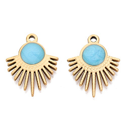 Light Sky Blue 303 Stainless Steel Enamel Pendants, Sun Charms, Ion Plating(IP), Real 18K Gold Plated, Light Sky Blue, 26x20.5x3~4mm, Hole: 2mm