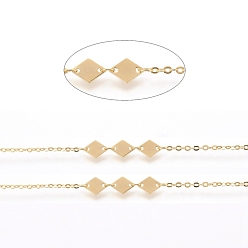 Echt 18 k vergoldet Messingkabelketten, cadmiumfrei und bleifrei, gelötet, mit Spule, Flachoval, langlebig überzogen, Karo, echt 18 k vergoldet, 2x1.5x0.3 mm & 3x2.5x0.5 mm, Rhombus: 6x8.5x0.5mm, ca. 32.8 Fuß (10 m)/Rolle