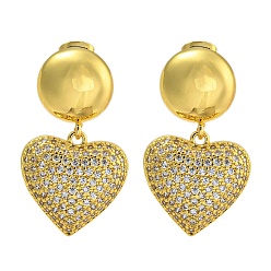 Сердце Серьги-пусеты из латуни с микропаве и прозрачным фианитом, без кадмия и без свинца, реальный 18 k позолоченный, сердце, 33x20 мм