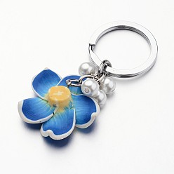 Mixed Color Platinum Tone Iron Keychain, with Handmade Polymer Clay Flower and Pearlized Glass Beads, Mixed Color, 81mm