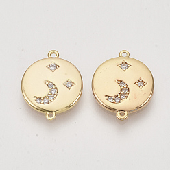 Real 18K Gold Plated Brass Cubic Zirconia Links connectors, Real 18K Gold Plated, Flat Round with Moon & Star, Clear, Nickel Free, 16.5x13x2mm, Hole: 0.7~0.9mm